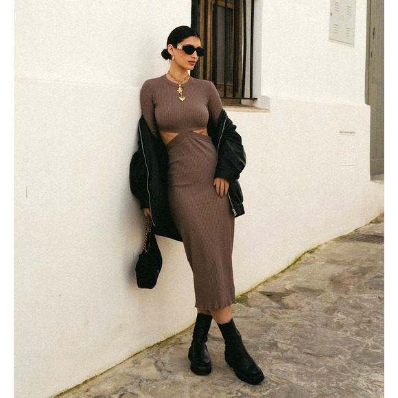 ZARA CUT-OUT RIBBED KNIT DRESS MINK BROWN - Picture 5 of 16